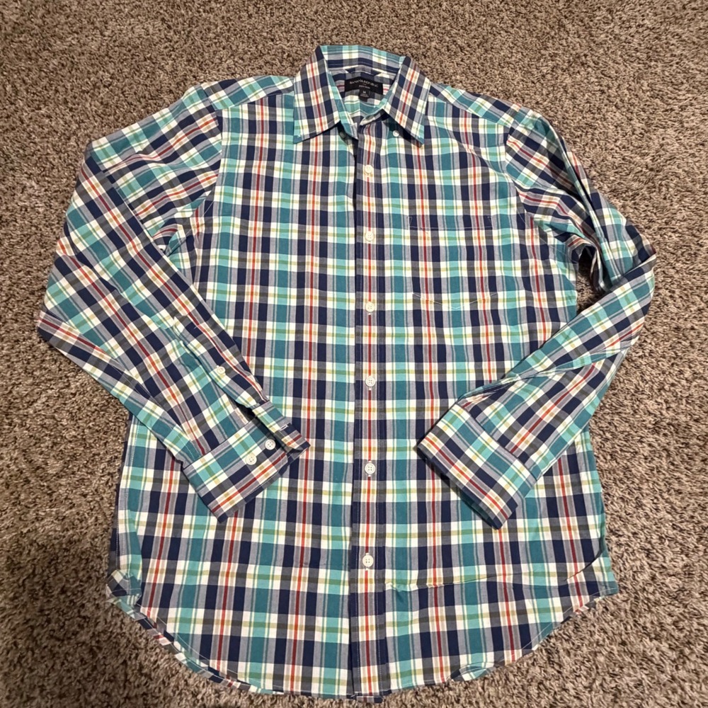 Banana Republic Soft Wash Plaid Button Down Shirt‎ Mens Medium Blue Teal Cotton